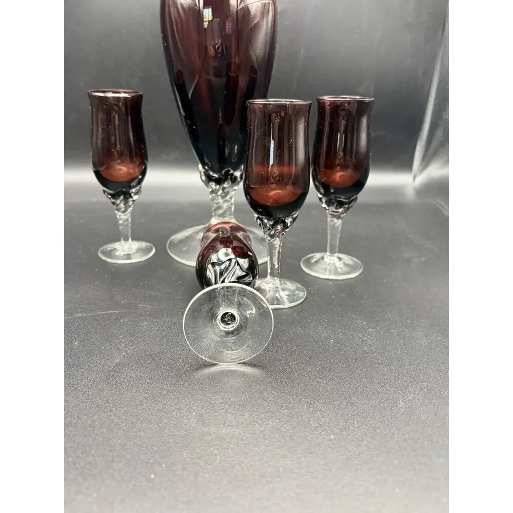 Glass Footed Genie Pitcher/Decanter Set Blue- 4 Stem Cordials